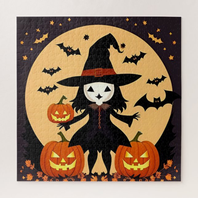 Puzzle Sorcière d'Halloween avec citrouilles (Vertical)