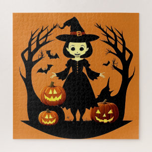 Puzzle Sorcière d'Halloween avec citrouilles dans un cadr