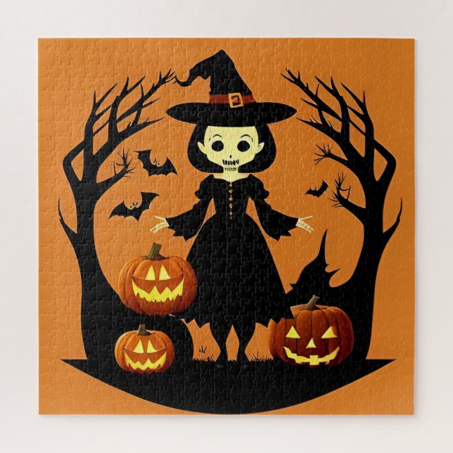 Puzzle Sorcière d'Halloween avec citrouilles dans un cadr (Vertical)