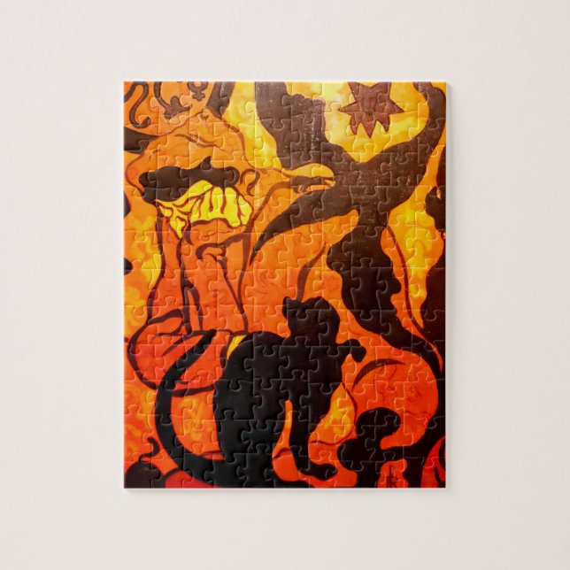 Puzzle Sorcière d'Halloween avec un chat noir (Vertical)