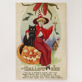 Puzzle Sorcière d'Halloween vintage et chat noir