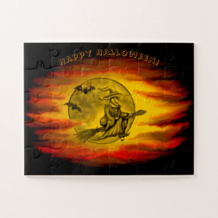 Puzzle Sorcière volante avec chat noir, nuit halloween
