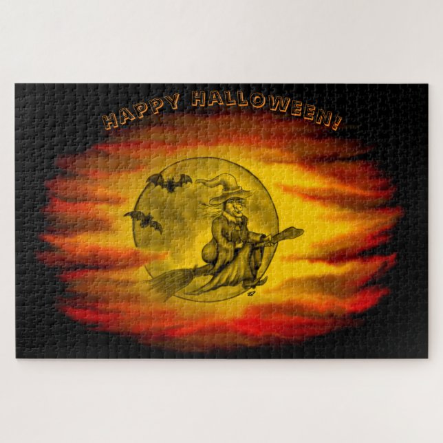 Puzzle Sorcière volante avec chat noir, nuit halloween (Horizontal)