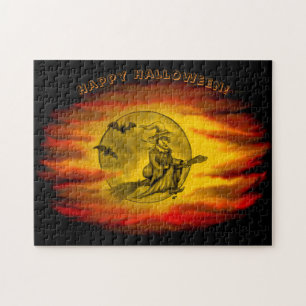 Puzzle Sorcière volante avec chat noir, nuit halloween