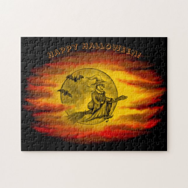 Puzzle Sorcière volante avec chat noir, nuit halloween (Horizontal)