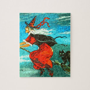 Puzzle Sorcière volante et chat noir Halloween