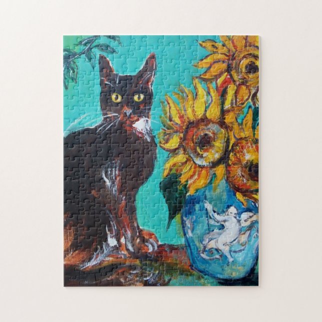 PUZZLE SOUCHES AVEC CHAT NOIR EN TURQUOISE BLEUE (Vertical)