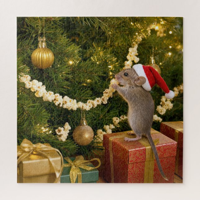 Puzzle Souris de Noël mangeant du pop-corn sur l'arbre (Vertical)