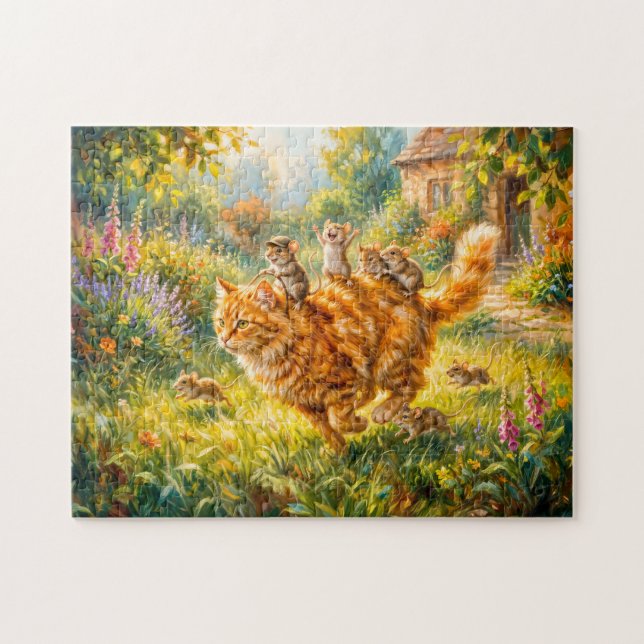 Puzzle Souris montant un chat à travers le jardin (Horizontal)