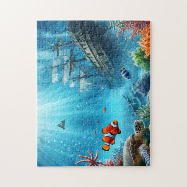 Puzzle Sous la mer, tortue, corail, bateau, poisson clown (Vertical)