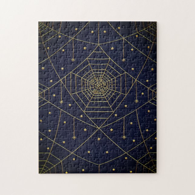 Puzzle Spiderweb spider and stars black and gold (Vertical)