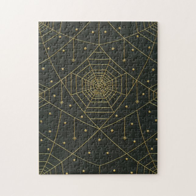 Puzzle Spiderweb spider and stars black and gold (Vertical)