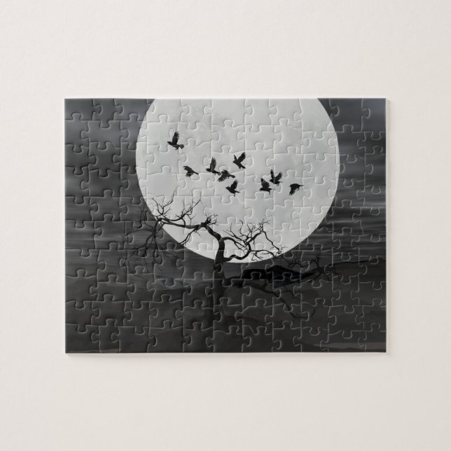 Puzzle Spooky Ravens Flying Against the Full Moon (Horizontal)