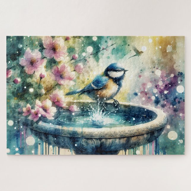 Puzzle Spring Bird Bath Watercolor (Horizontal)