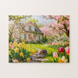 Puzzle Spring Cottage with Bees, Hedgehog and Blossoming 