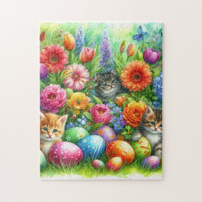Puzzle Spring Flowers Easter Eggs and Kittens in Garden  (Vertical)