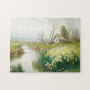 Puzzle Spring Landscape House Stream Daffodil Flower     