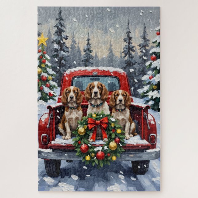 Puzzle Springer Spaniel camion rouge de Noël vacances (Vertical)