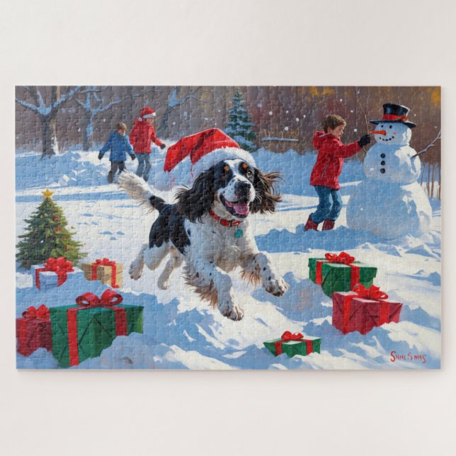 Puzzle Springer Spaniel courant dans la neige avec un cha (Horizontal)