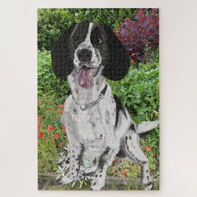 Puzzle Springer Spaniel noir et blanc sur fond de fleurs  (Vertical)