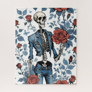 Puzzle Squelette cool en Jean Veste avec Roses rouges