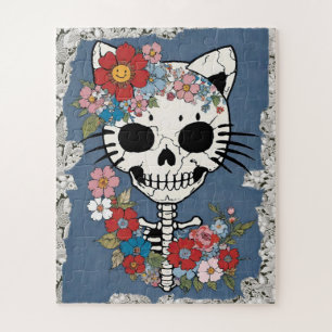 Puzzle Squelette de chat floral avec dentelle et Denim