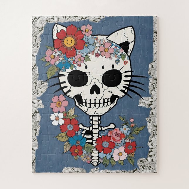 Puzzle Squelette de chat floral avec dentelle et Denim (Vertical)