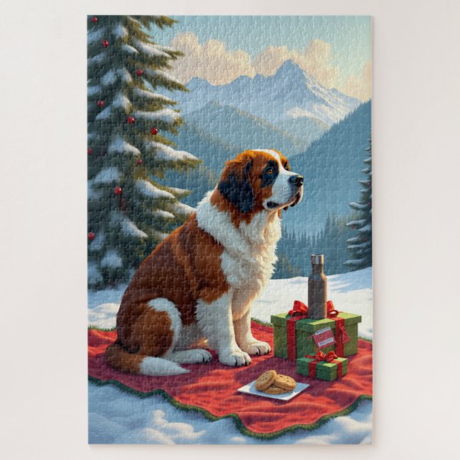 Puzzle St. Bernard Winter Picnic Christmas Painting (Vertical)