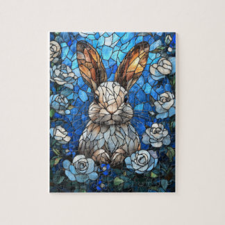 Puzzle Stained Glass Bunny with White Roses – Jigsaw Puzz