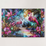 Puzzle Stained Glass Flamingo Moon Garden<br><div class="desc">A dreamy stained glass–inspired scene unfolds beneath a glowing moon where graceful pink flamingos stand among lush tropical blooms and flowing water. Jewel-toned blues, teals, magentas, and warm gold outlines create a luminous mosaic effect reminiscent of art nouveau glasswork and ornate window panels. Large botanical flowers, delicate leaves, and soft...</div>