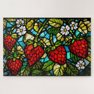 Puzzle Stained Glass Strawberries, Leaves and Flowers 