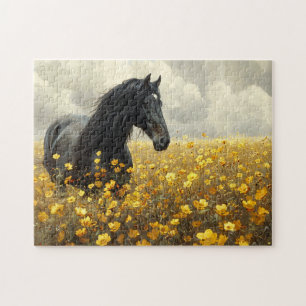 Puzzle Stallion noir avec Fleurs sauvages jaunes