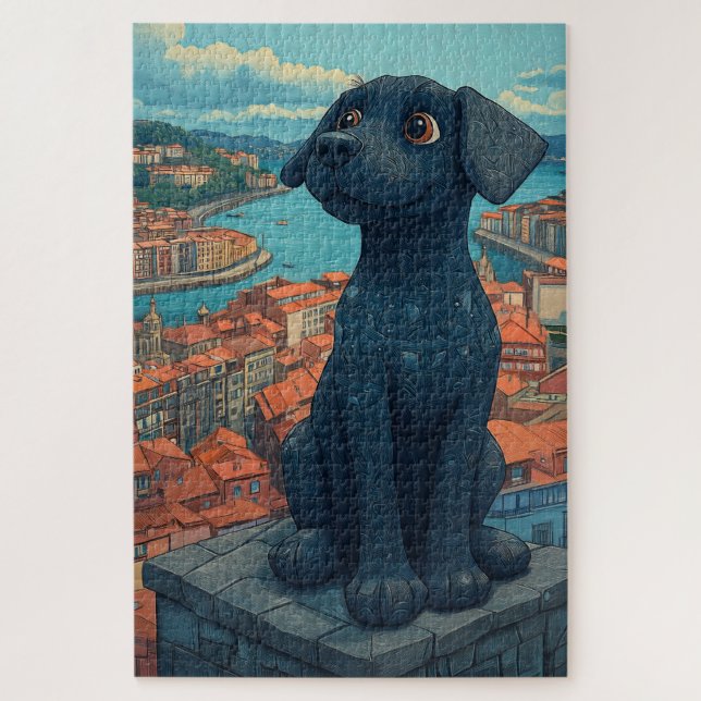 Puzzle Statue de Chiot Noir Vue sur la ville (Vertical)