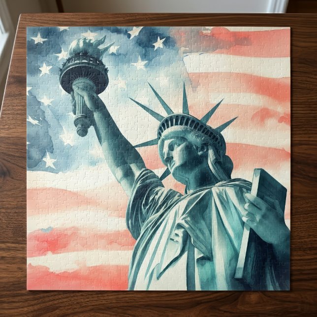 Puzzle Statue de la Liberté à l'aquarelle avec drapeau am (Watercolor Statue of Liberty with American flag. Jigsaw Puzzle)