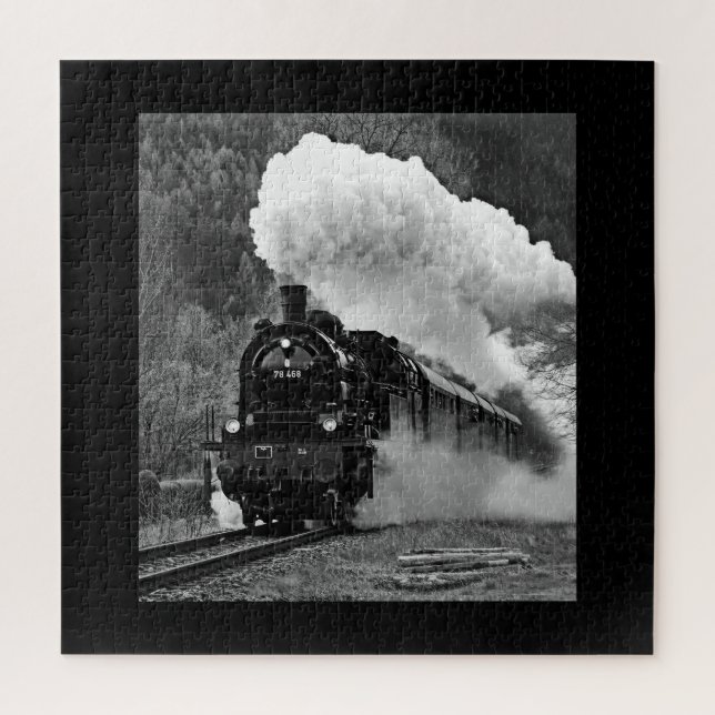 Puzzle Steam engine locomotive black white train forest (Vertical)