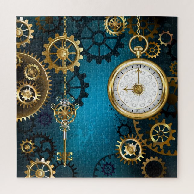 Puzzle Steampun turquoise Background with Gears (Vertical)