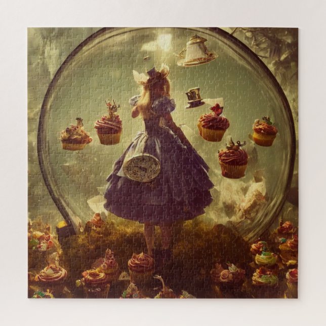 Puzzle Steampunk Alice and Cupcakes AI Generated Art (Vertical)
