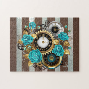 Puzzle Steampunk Clock and Turquoise Roses on Striped
