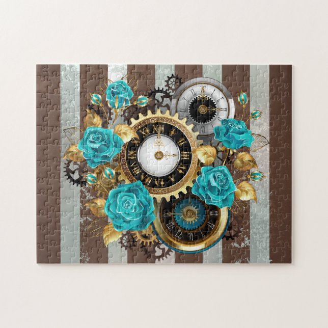 Puzzle Steampunk Clock and Turquoise Roses on Striped (Horizontal)