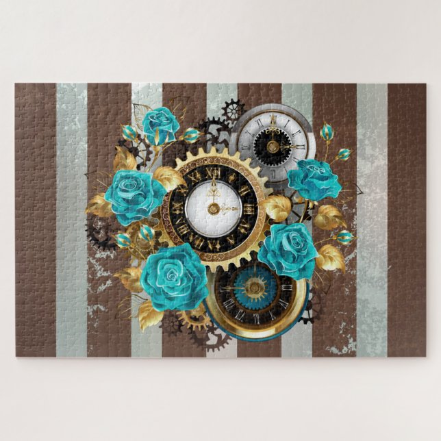 Puzzle Steampunk Clock and Turquoise Roses on Striped (Horizontal)