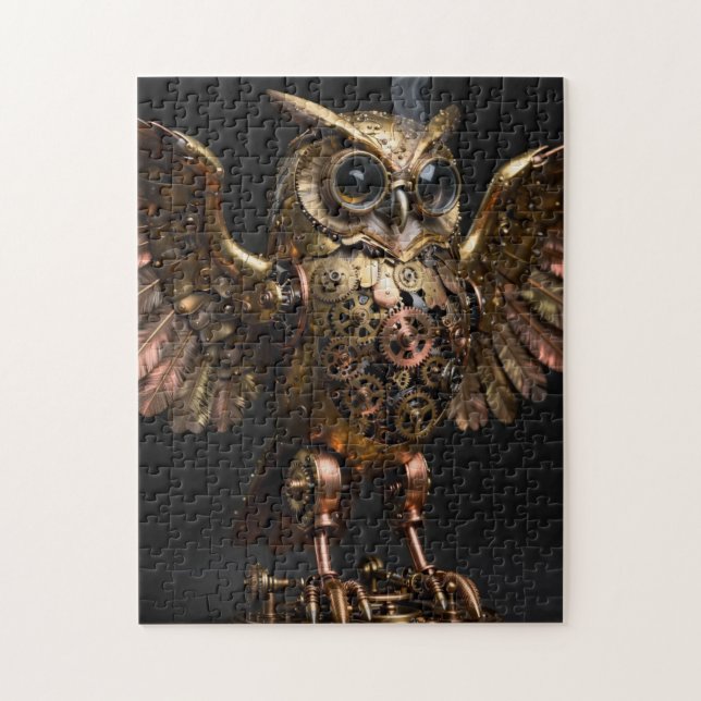 Puzzle Steampunk Mechanical Owl with Spread Wings Art (Vertical)