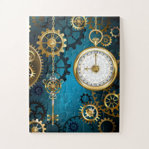 Puzzle Steampunk turquoise Background with Gears