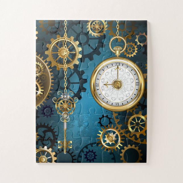 Puzzle Steampunk turquoise Background with Gears (Vertical)