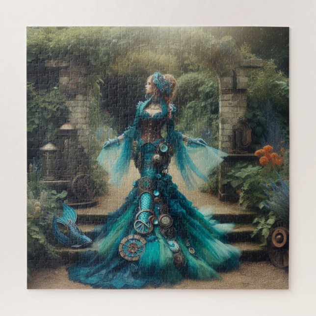 Puzzle Steampunk Vintage Victorian Lady Turquoise Sirène (Vertical)