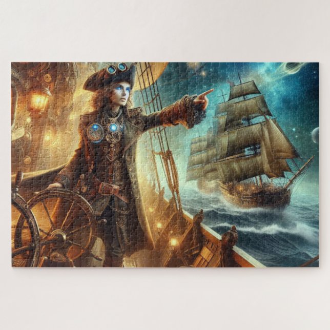 Puzzle Steampunk Vintage Victorian Ocean Space Pirate (Horizontal)