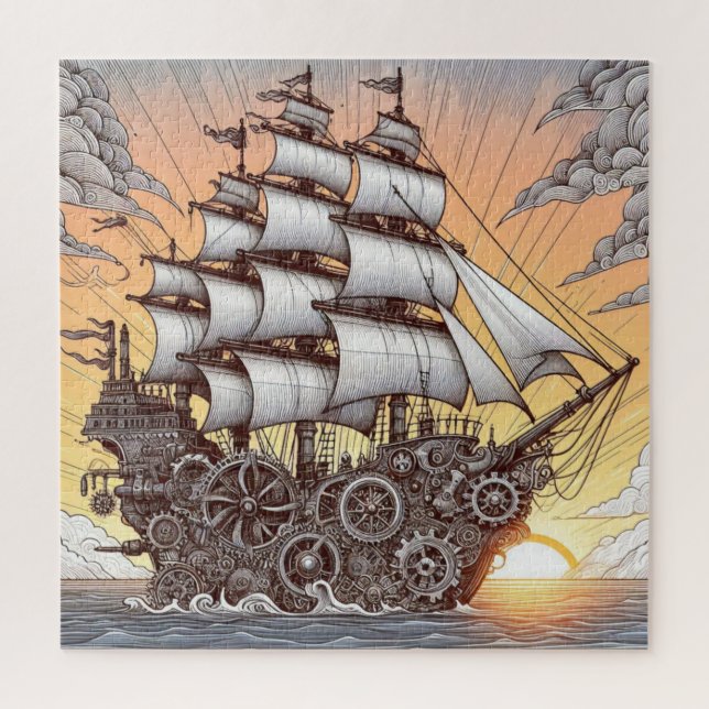 PUZZLE STEAMPUNK VOILE NAVIRE SUNSET (Vertical)