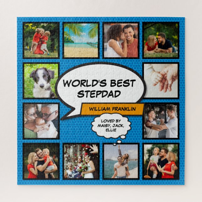 Puzzle Stepfather, Stepdad 12 Photo Comic Book Fun Blue (Vertical)