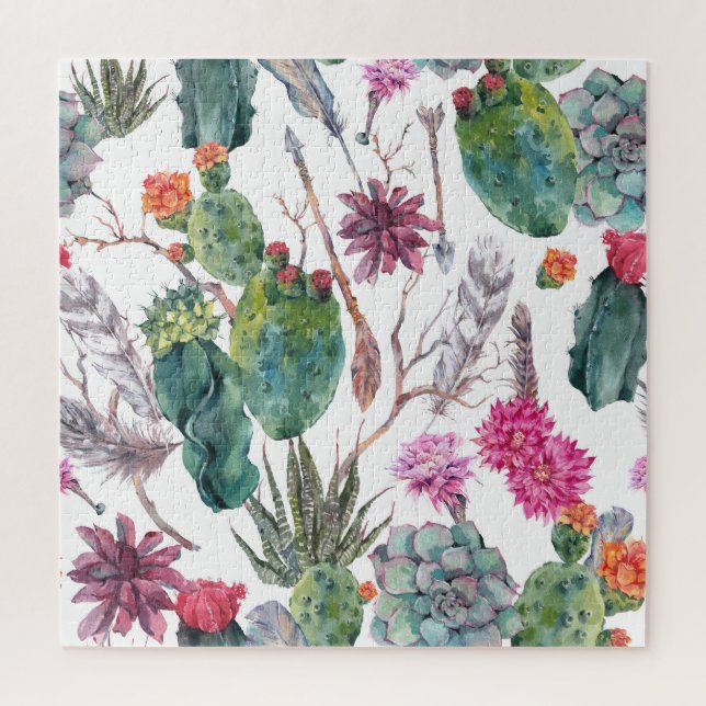 Puzzle Style Boho, Aquarelle Vintage Cactus. (Vertical)