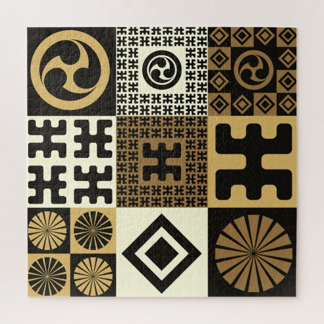 Puzzle Style japonais, or noir sans couture motif. (Vertical)