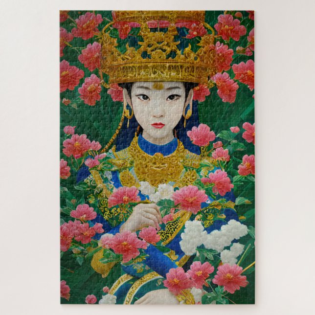 Puzzle Style vintage Asiatique Abstraite fille avec fleur (Vertical)